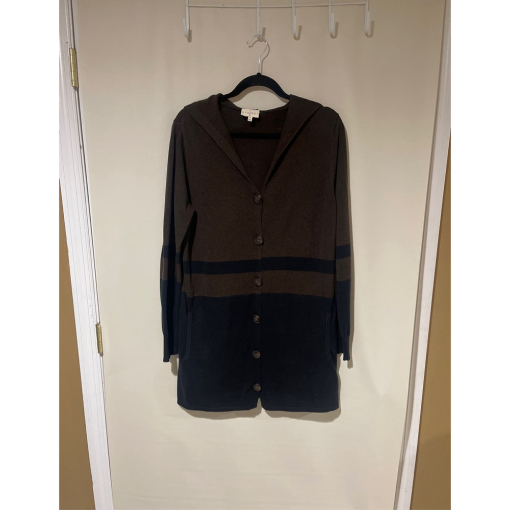 NWOT Women's Project Brown Navy Blue Striped Hooded Button-Front Long Cardigan M